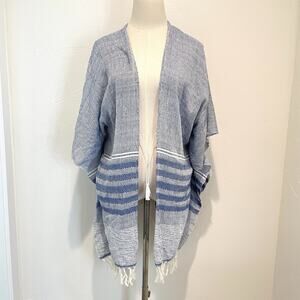 Abrazo Style Poncho Womens Small Blue Woven Fringed Tie Front